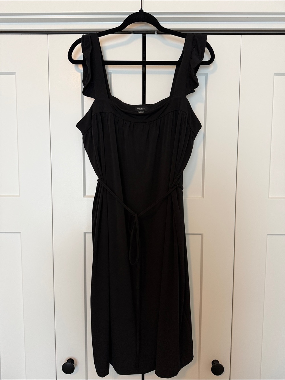 Ann Taylor Black Ruffle Strap Tie-Waist Midi Dress
